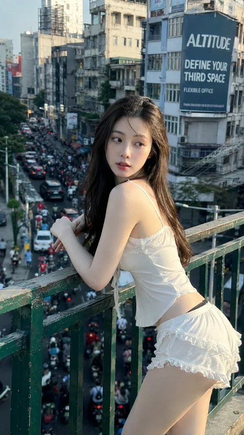 A person in a pale top and white fringed shorts leans on a railing overlooking a busy city street.