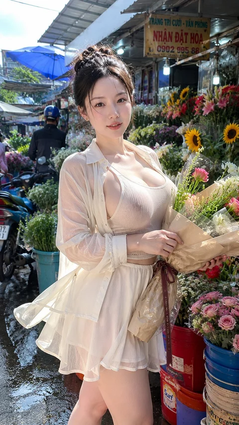 Colorful market bouquets surround a woman holding flowers while wearing a pale ruffled dress.