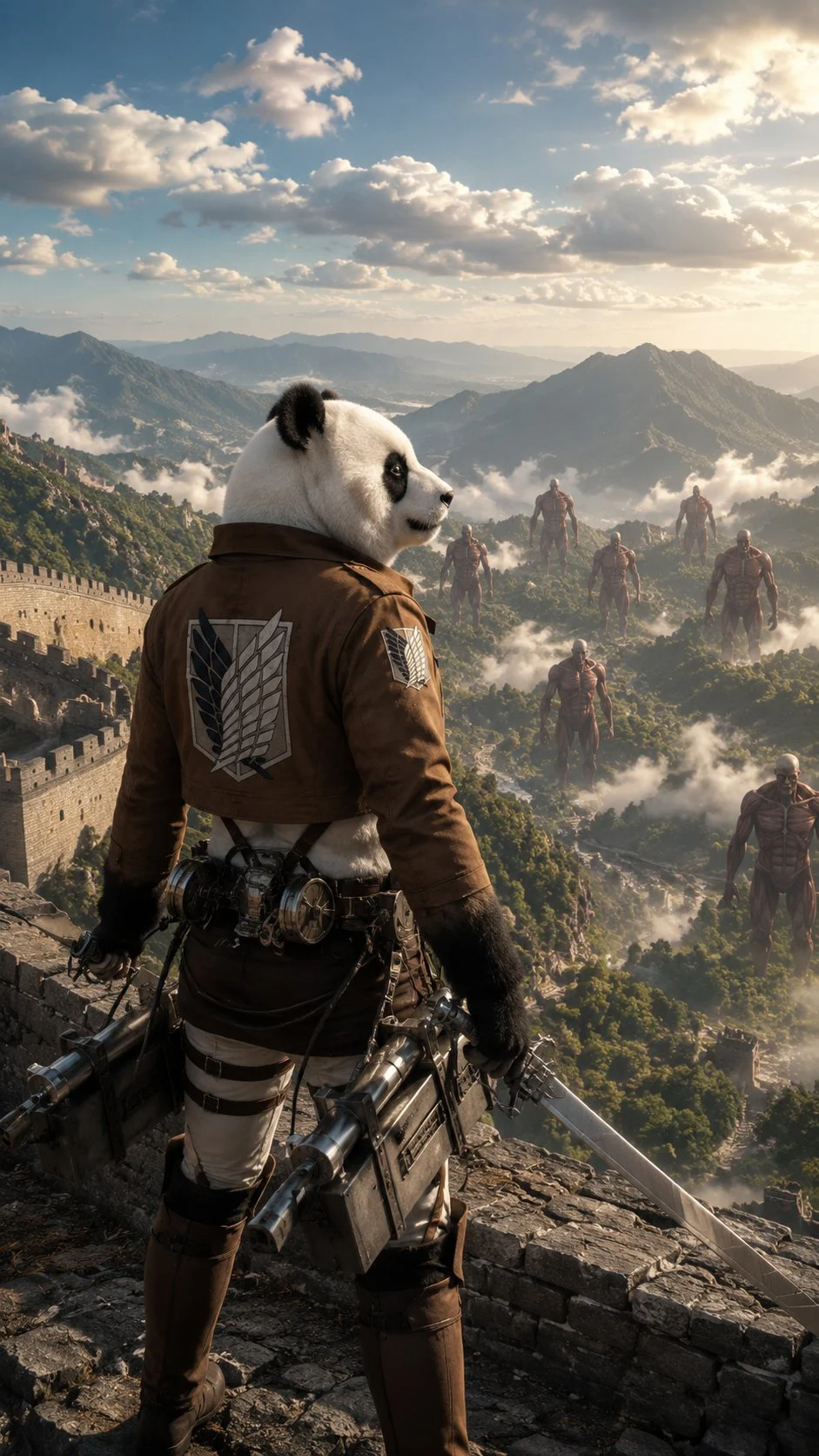 A figure wearing armor, a hood and mechanical gear looks across a vast mountain valley under a cloudy sky.
