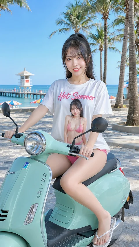 A woman wearing a white graphic T-shirt sits sideways on a mint-colored scooter near the beach.