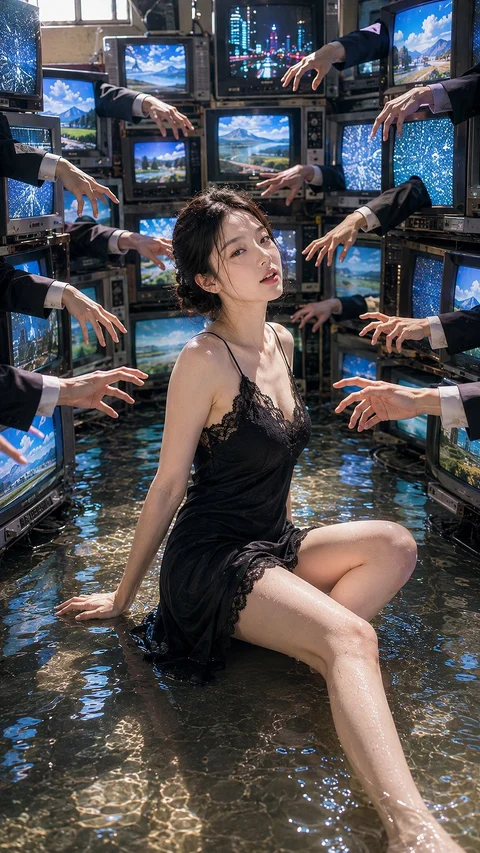 A woman in a dark dress sits in shallow water amid stacked screens and numerous reaching hands.