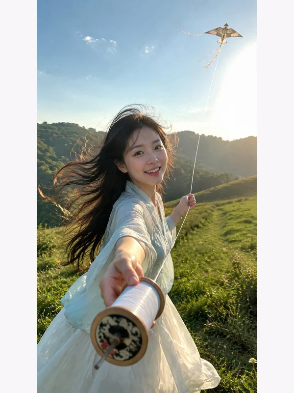 Adult woman handing a kite reel on a grassy hillside