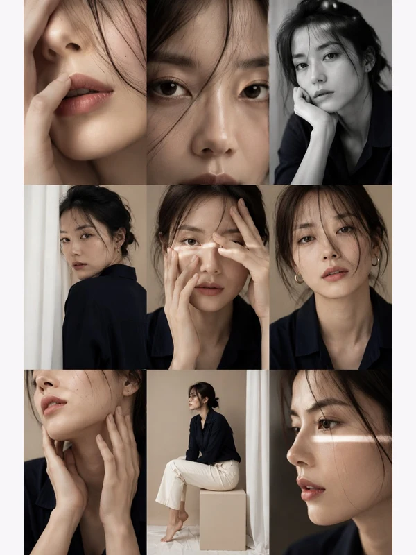 Nine-panel editorial portrait and expression study