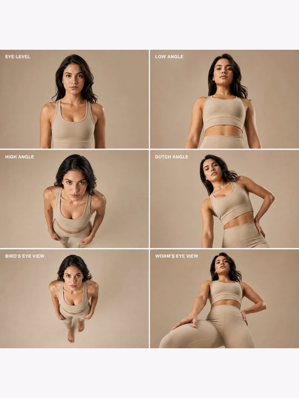 Six-angle portrait reference in beige athletic clothing