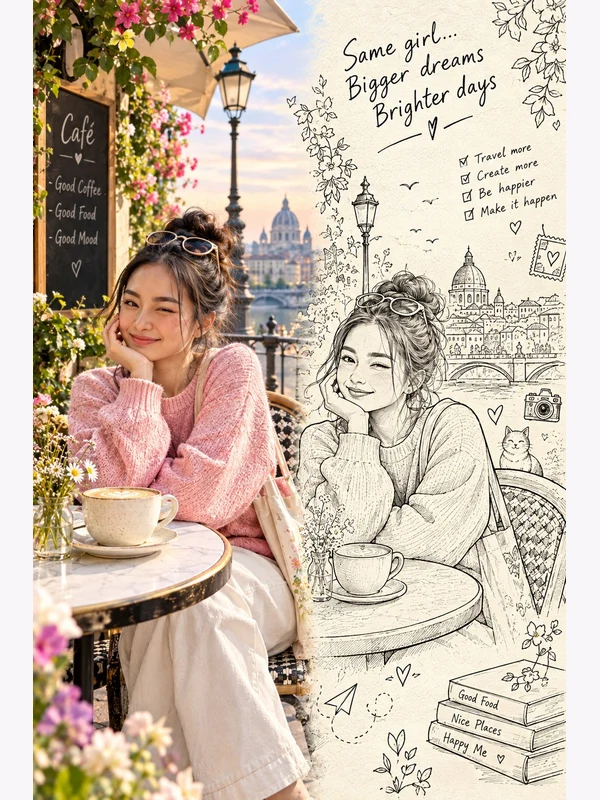 Cafe portrait of a woman paired with a matching ink illustration