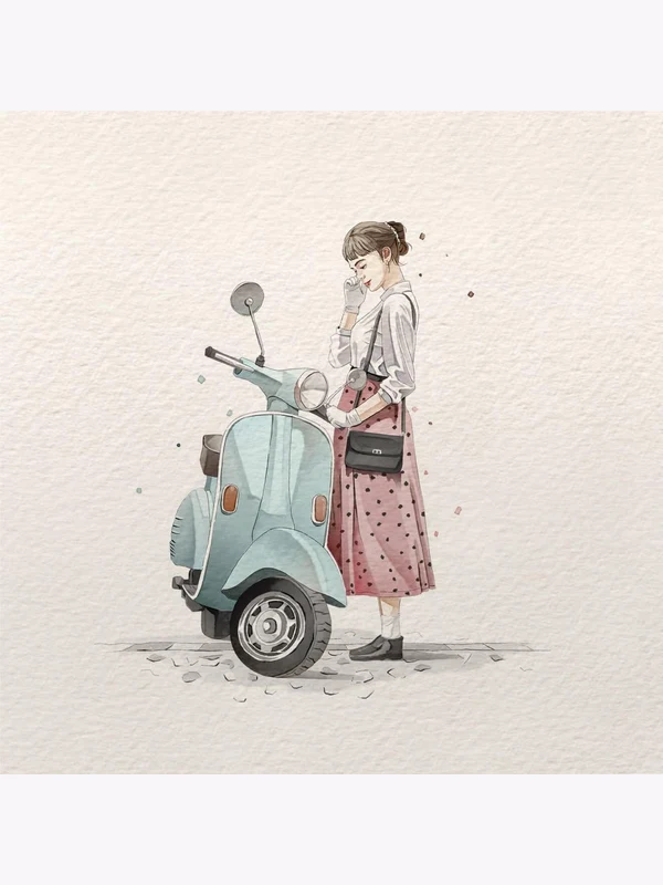 Watercolor fashion illustration of a woman beside a mint scooter