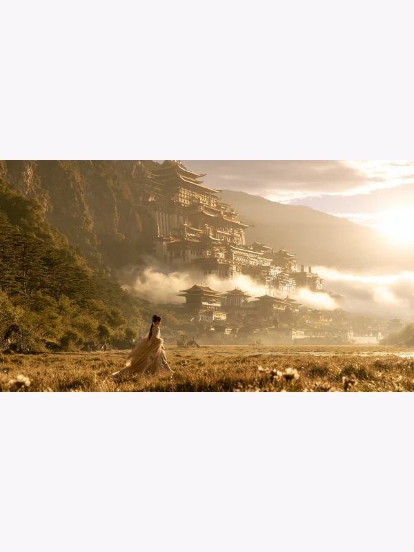 Distant adult traveler approaching a mountain palace